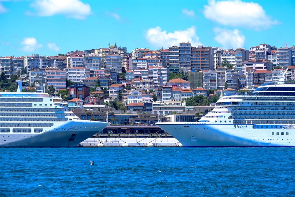 Two cruise ships moored along a hillside city waterfront